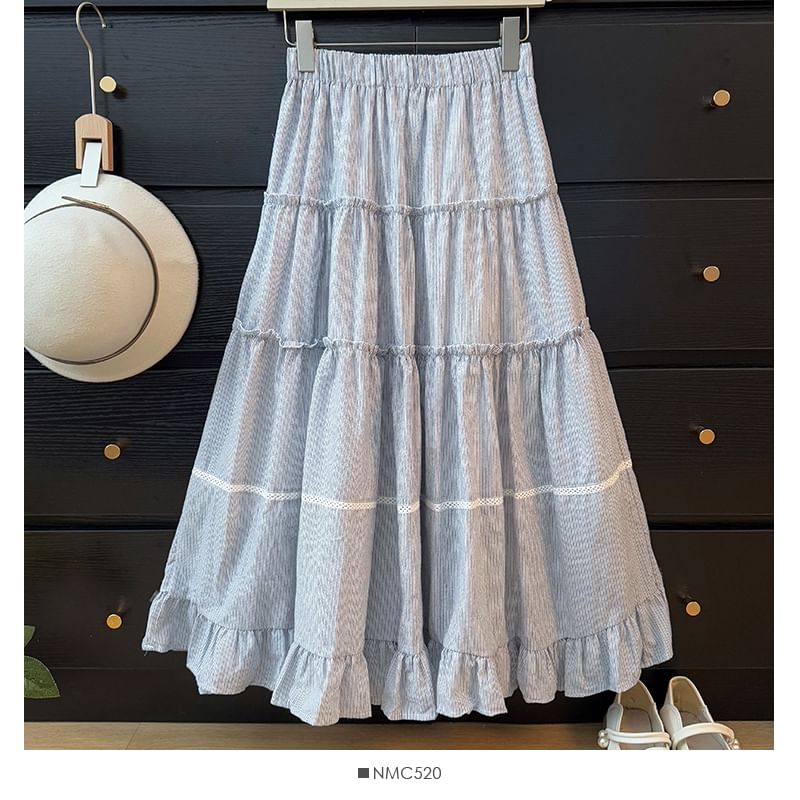 Striped Ruffled Maxi Flared Skirt