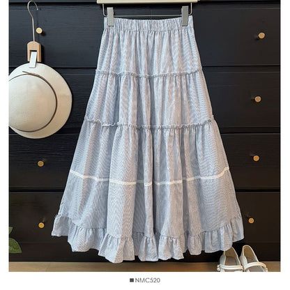 Striped Ruffled Maxi Flared Skirt