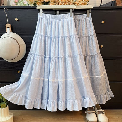 Striped Ruffled Maxi Flared Skirt