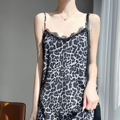 Spaghetti Strap Leopard Print Lace Trim Midi A-Line Dress