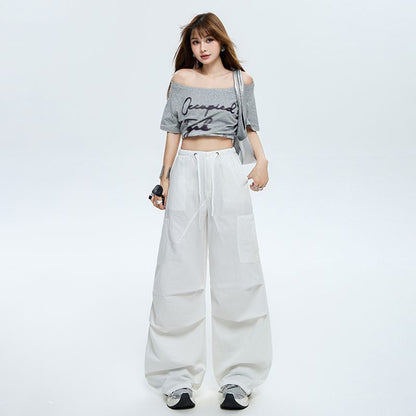 Drawstring Waist Plain Baggy Cargo Pants (Various Designs)