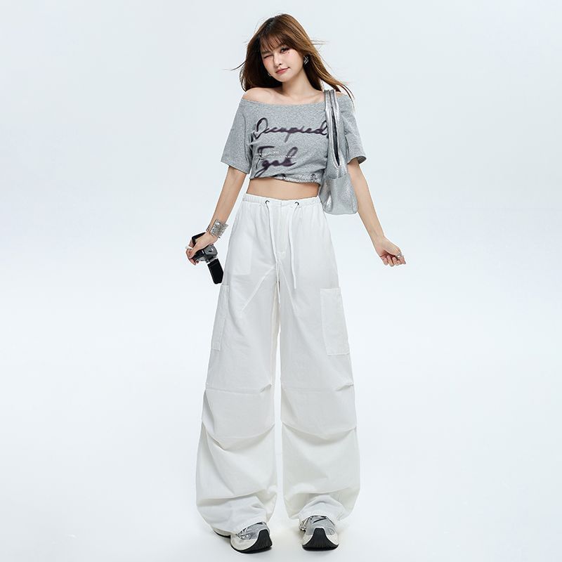 Drawstring Waist Plain Baggy Cargo Pants (Various Designs)