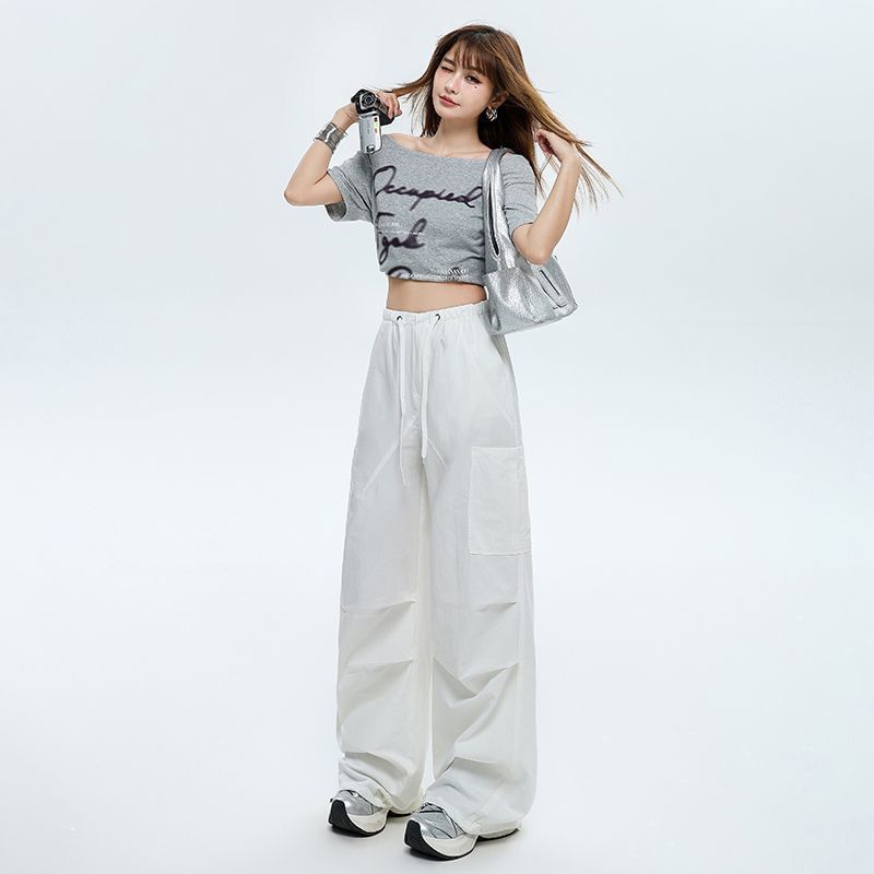 Drawstring Waist Plain Baggy Cargo Pants (Various Designs)