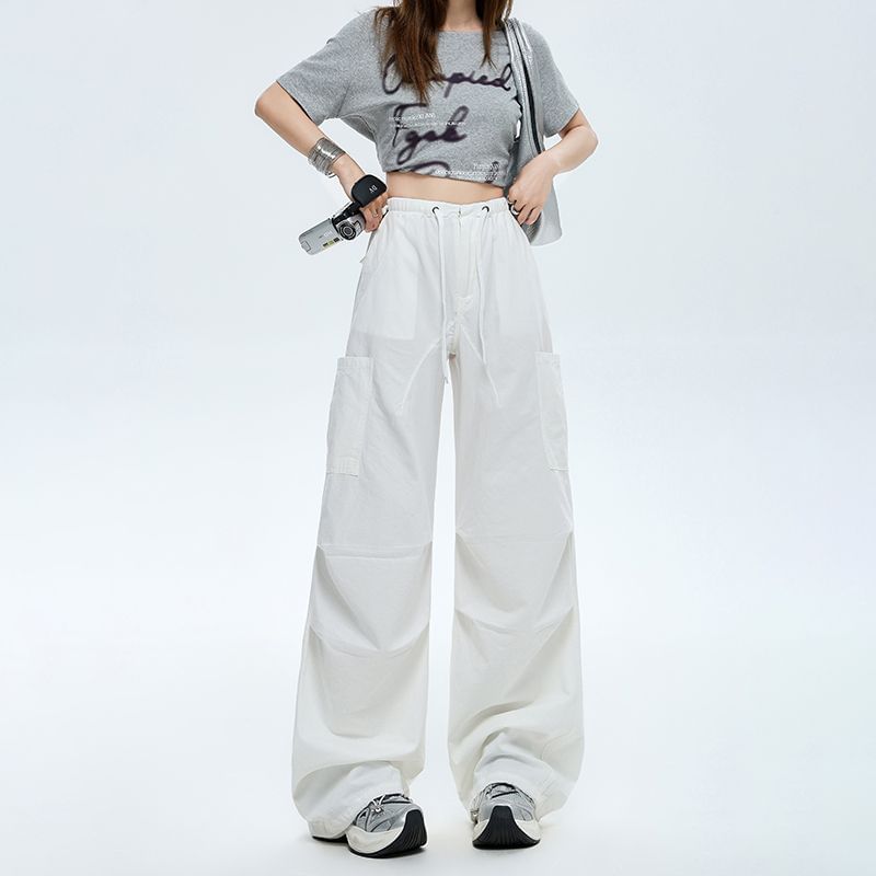 Drawstring Waist Plain Baggy Cargo Pants (Various Designs)