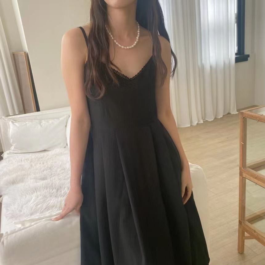 Spaghetti Strap V-Neck Plain Lace Trim Midi A-Line Dress