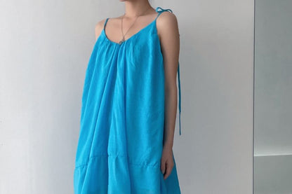 Tie-Shoulder Plain Mini A-Line Dress