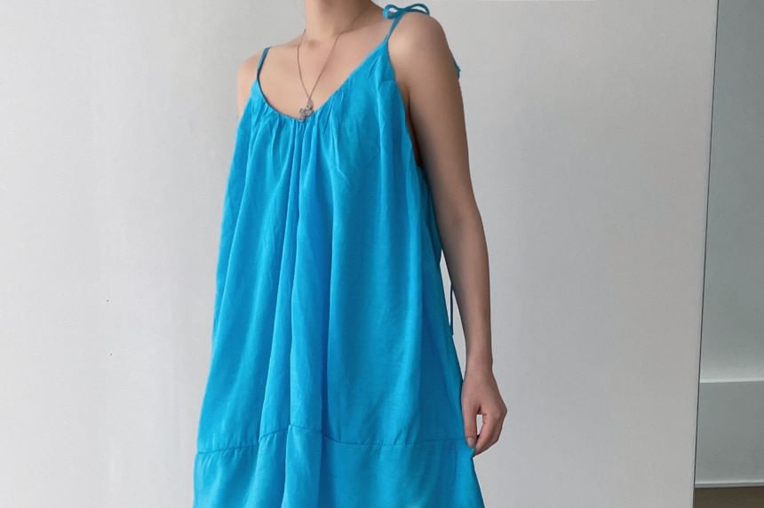 Tie-Shoulder Plain Mini A-Line Dress