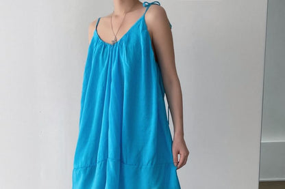 Tie-Shoulder Plain Mini A-Line Dress