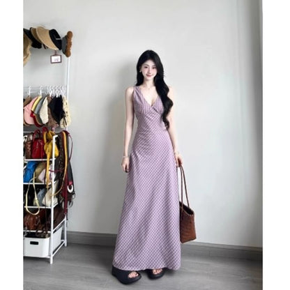 Plaid V-Neck Sleeveless A-Line Maxi Dress