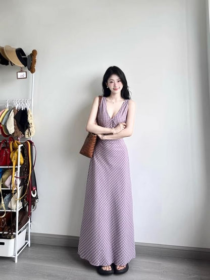 Plaid V-Neck Sleeveless A-Line Maxi Dress