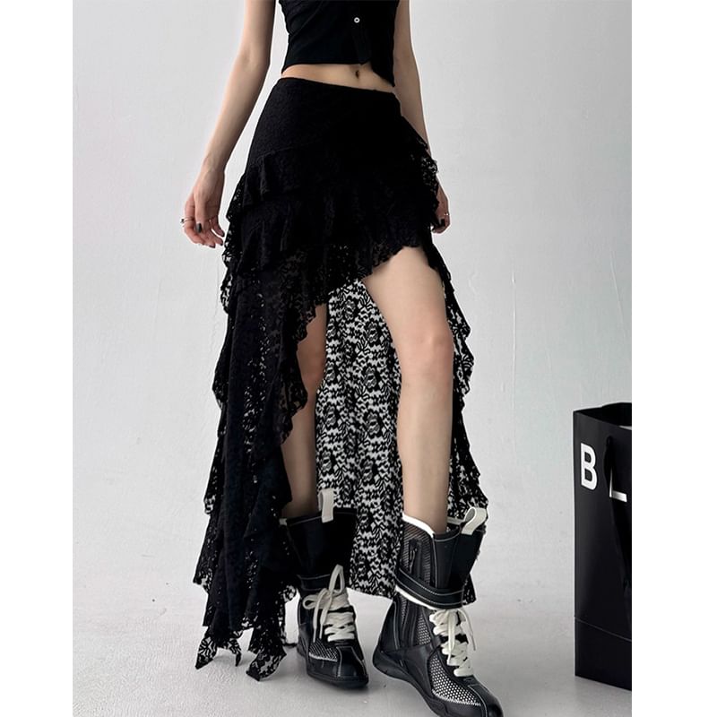 Asymmetric Ruffle Lace Maxi Flared Skirt