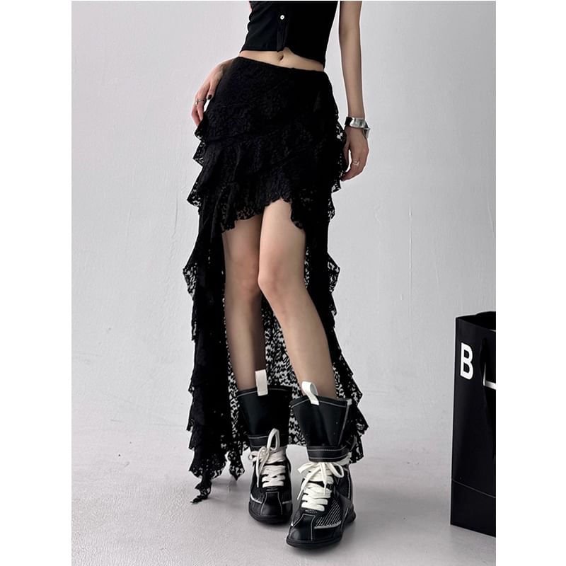 Asymmetric Ruffle Lace Maxi Flared Skirt