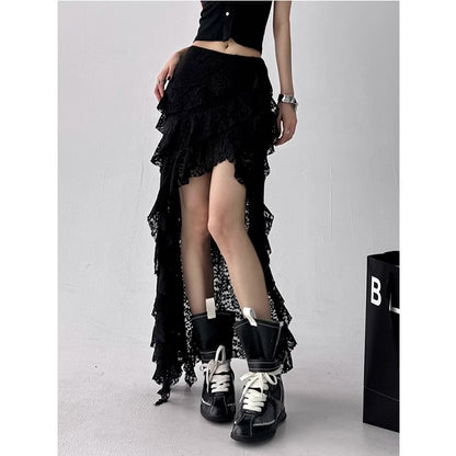 Asymmetric Ruffle Lace Maxi Flared Skirt