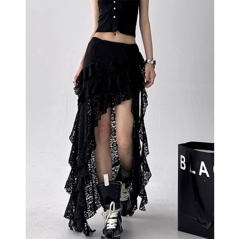 Asymmetric Ruffle Lace Maxi Flared Skirt