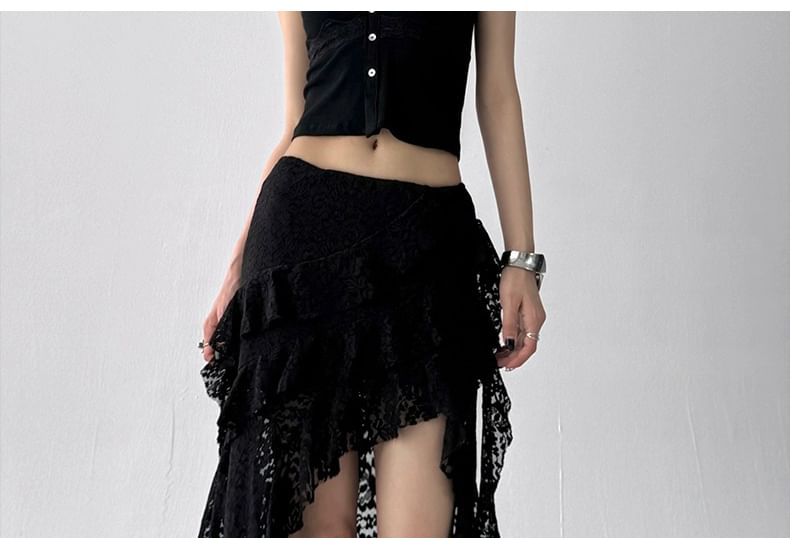 Asymmetric Ruffle Lace Maxi Flared Skirt