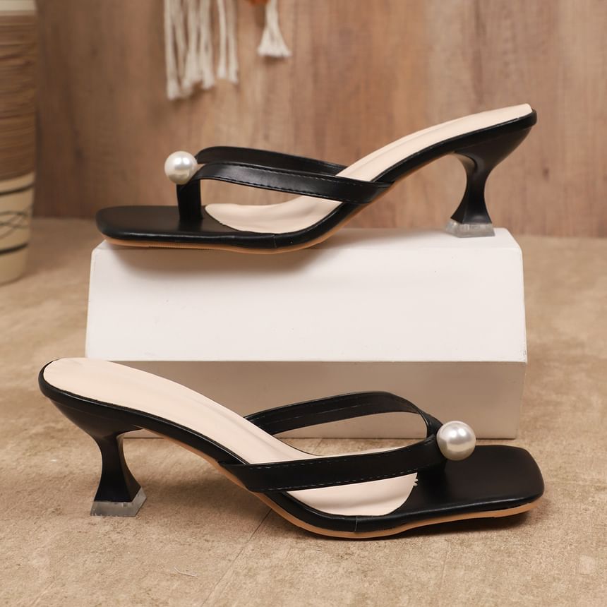 Square-Toe High Heel Faux Pearl Thong Sandals