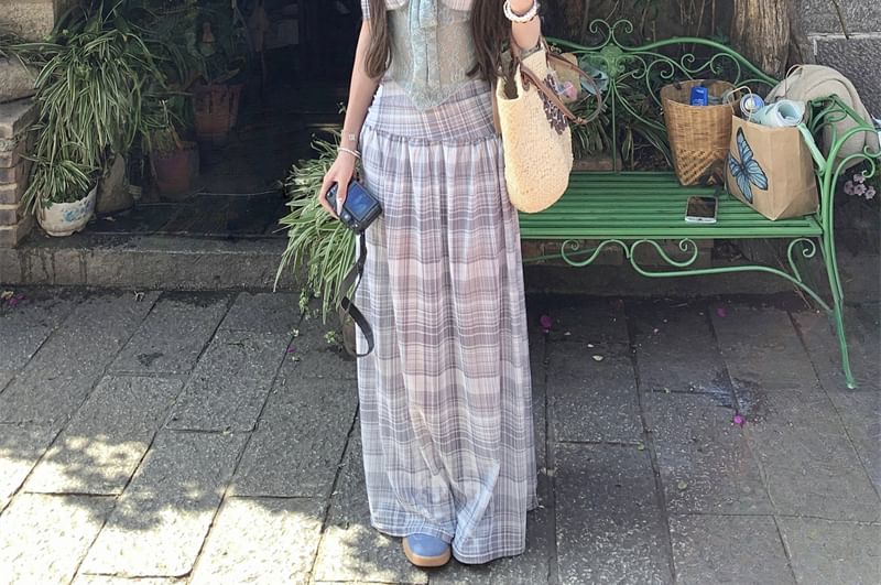 Plaid Lace Crop Top and Maxi Skirt Set