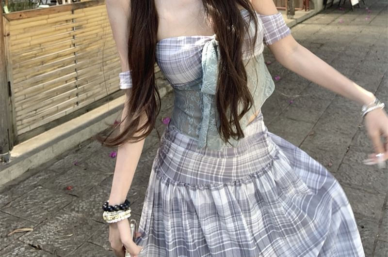 Plaid Lace Crop Top and Maxi Skirt Set