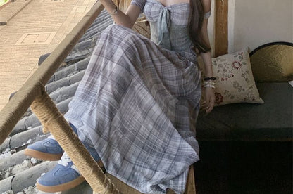 Plaid Lace Crop Top and Maxi Skirt Set