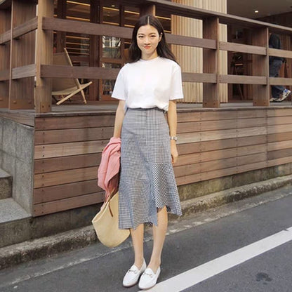 Round Neck Tee with Plaid Asymmetric Midi Flared Skirt