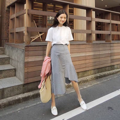 Round Neck Tee with Plaid Asymmetric Midi Flared Skirt