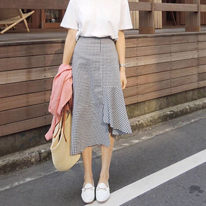 Round Neck Tee with Plaid Asymmetric Midi Flared Skirt
