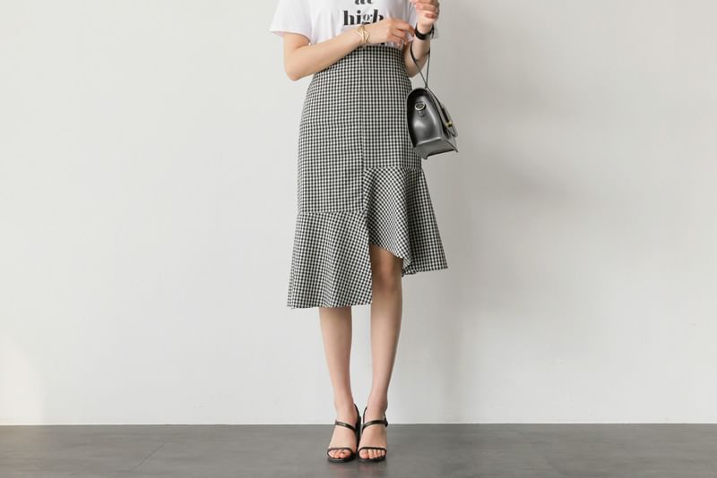 Round Neck Tee with Plaid Asymmetric Midi Flared Skirt