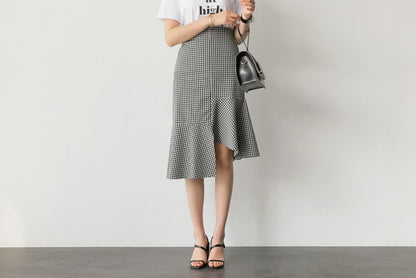 Round Neck Tee with Plaid Asymmetric Midi Flared Skirt