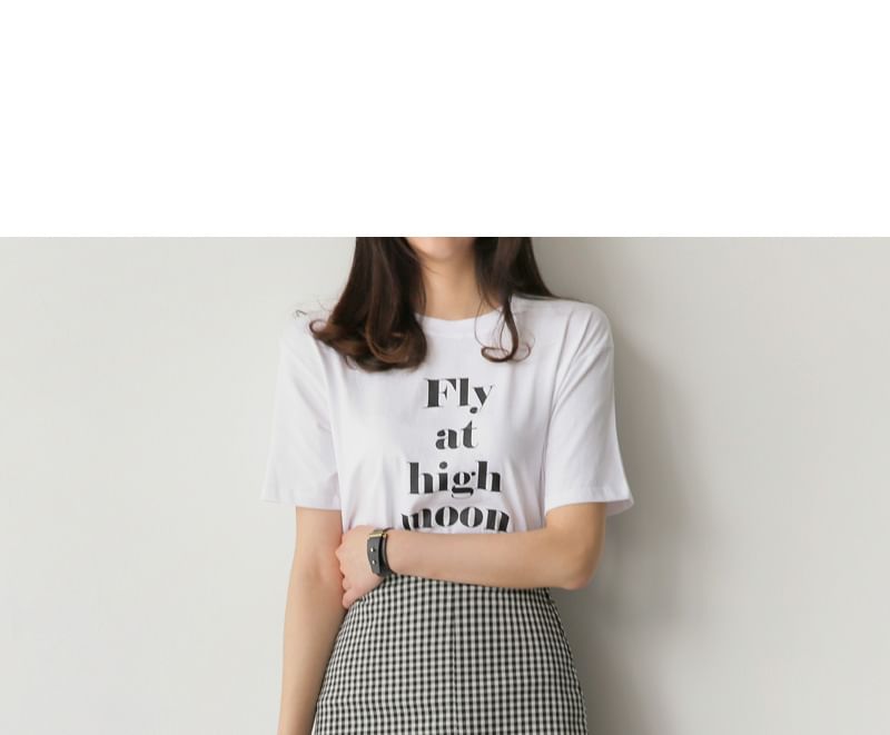 Round Neck Tee with Plaid Asymmetric Midi Flared Skirt