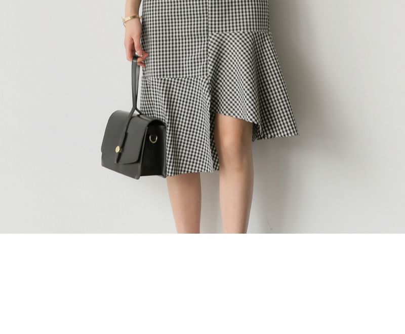 Round Neck Tee with Plaid Asymmetric Midi Flared Skirt