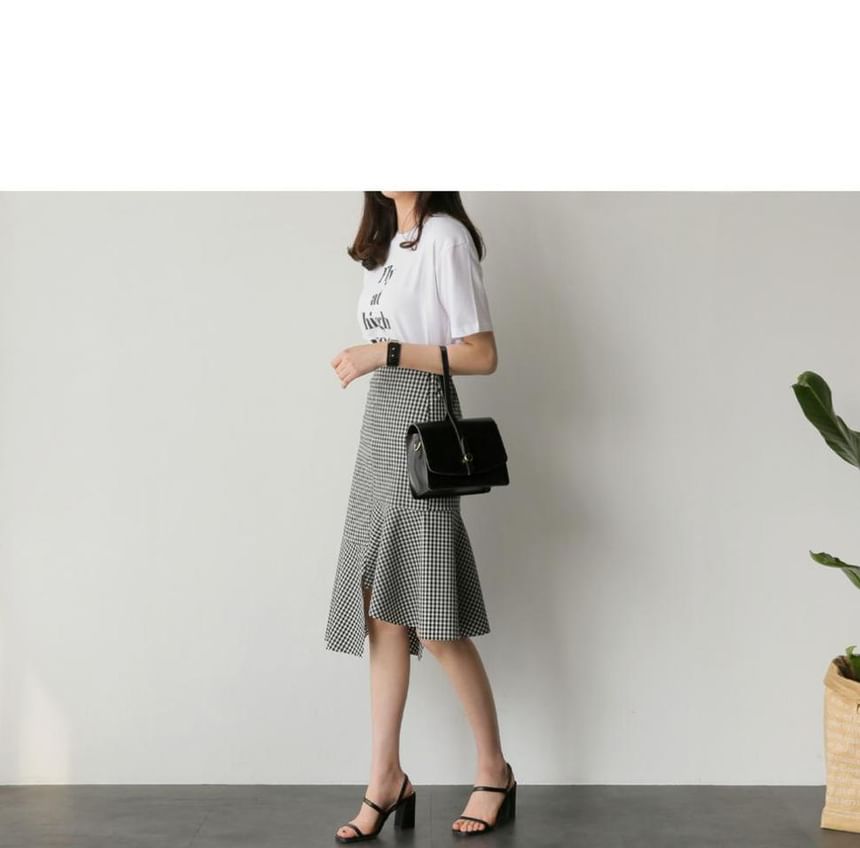 Round Neck Tee with Plaid Asymmetric Midi Flared Skirt