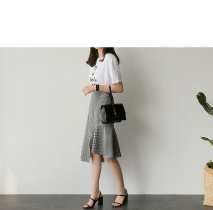 Round Neck Tee with Plaid Asymmetric Midi Flared Skirt