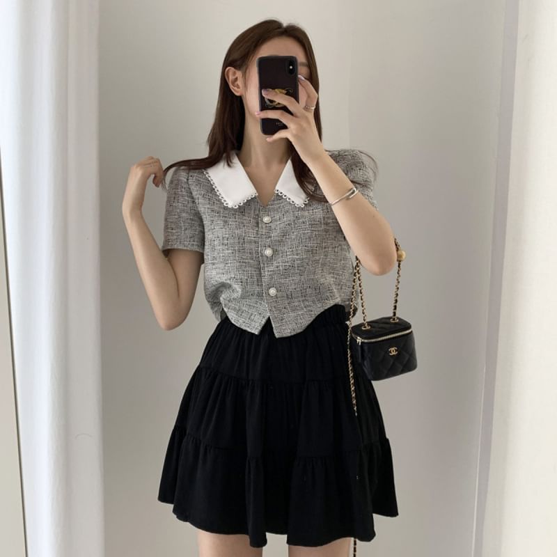 Plaid Lace Trim Blouse with High Rise Mini Flared Skirt