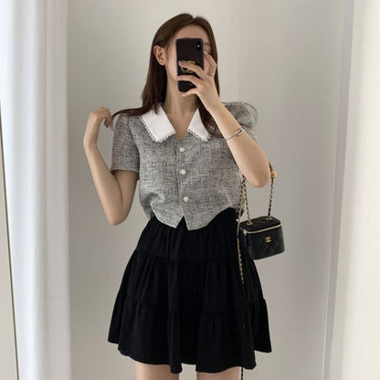 Plaid Lace Trim Blouse with High Rise Mini Flared Skirt