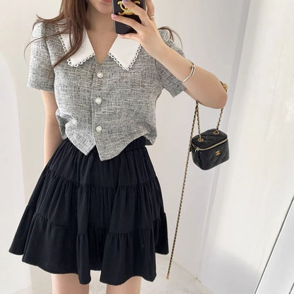 Plaid Lace Trim Blouse with High Rise Mini Flared Skirt