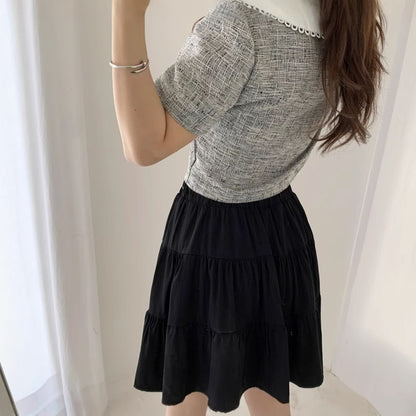 Plaid Lace Trim Blouse with High Rise Mini Flared Skirt