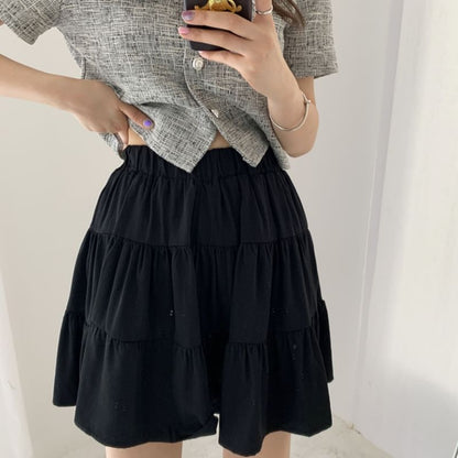 Plaid Lace Trim Blouse with High Rise Mini Flared Skirt