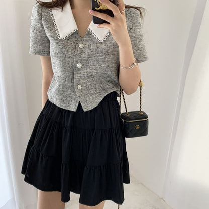 Plaid Lace Trim Blouse with High Rise Mini Flared Skirt