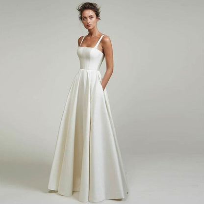 Spaghetti Strap Square Neck Plain A-Line Evening Gown