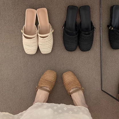 Square Toe Plain Knit Mules