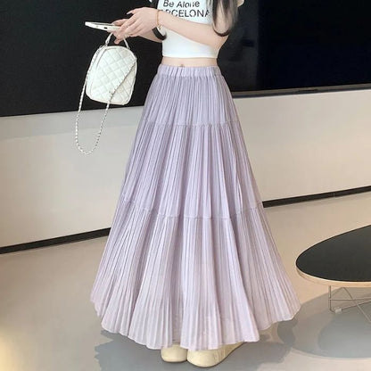Elasticated Pleated Floor-Length Skirt