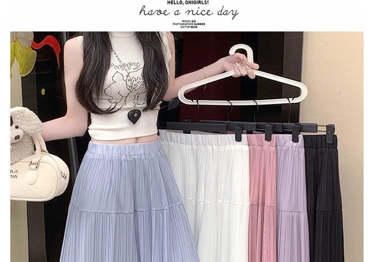 Elasticated Pleated Floor-Length Skirt