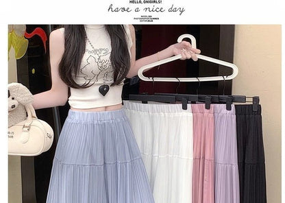 Elasticated Pleated Floor-Length Skirt