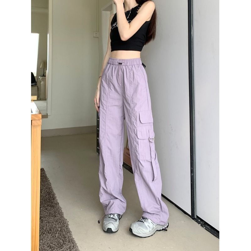 High Waist Plain Cargo Straight Leg Pants