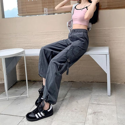 High Waist Plain Cargo Straight Leg Pants