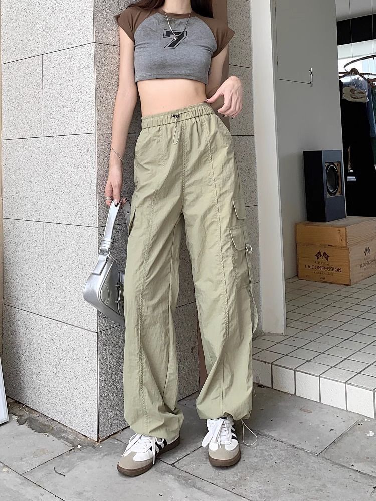 High Waist Plain Cargo Straight Leg Pants