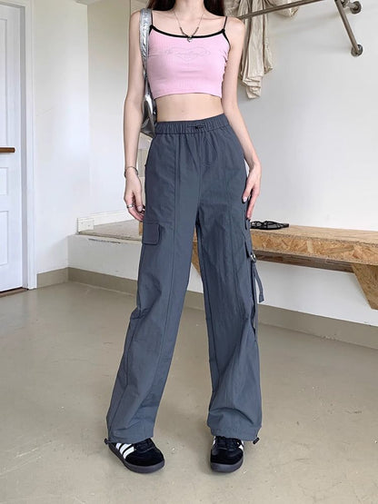 High Waist Plain Cargo Straight Leg Pants