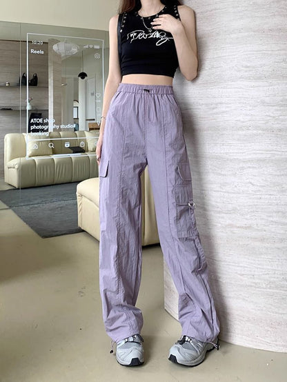 High Waist Plain Cargo Straight Leg Pants