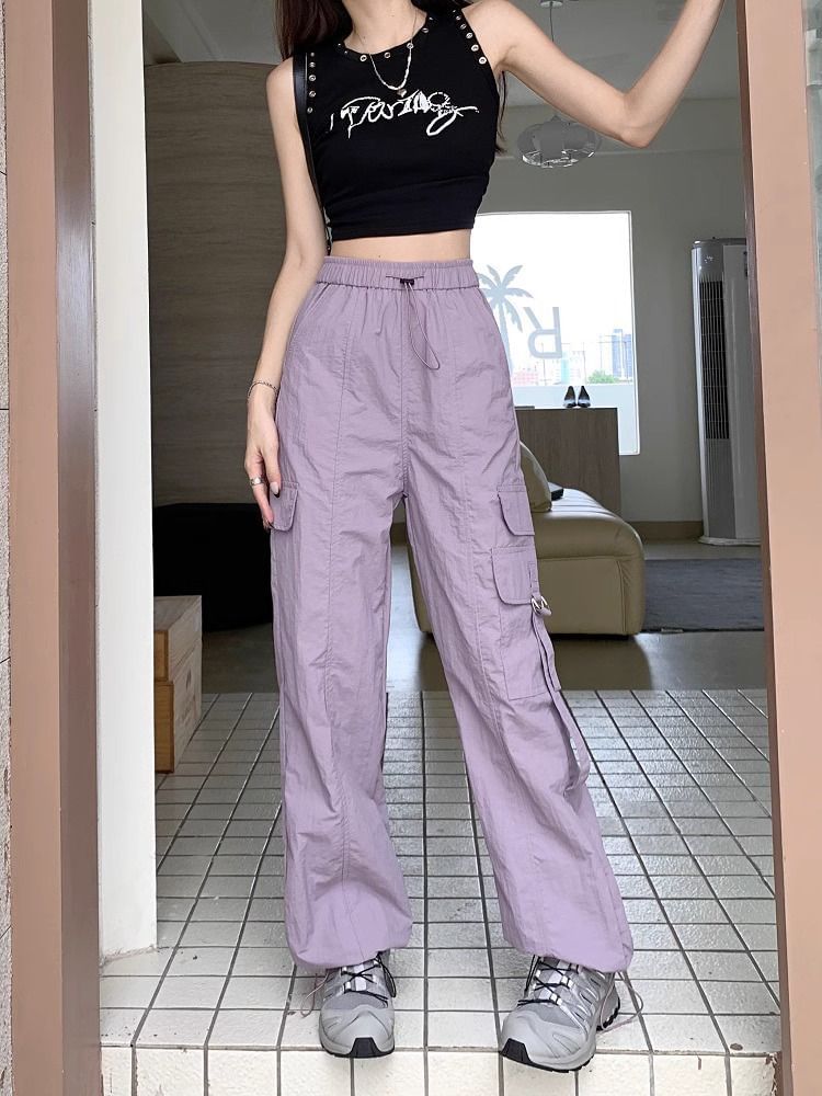 High Waist Plain Cargo Straight Leg Pants