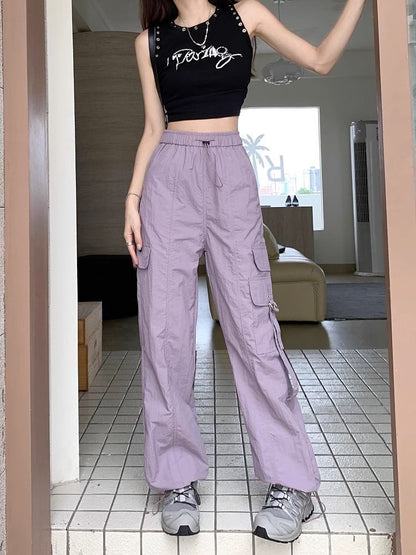 High Waist Plain Cargo Straight Leg Pants